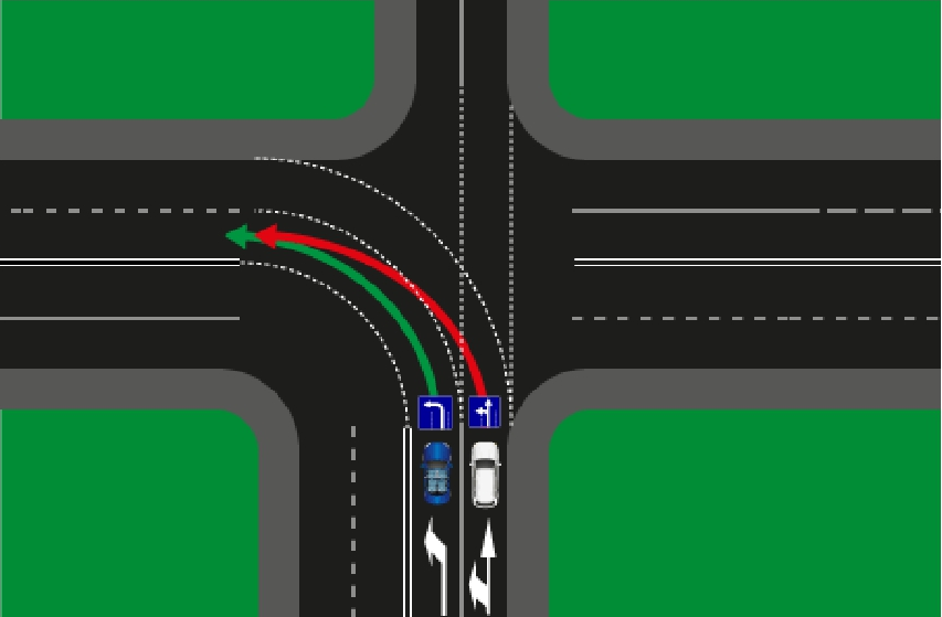 При движении на повороте дороги. Перекресток с 2 полосами поворота налево. Поворот налево на перекрестке с двойным пересечением. Поворот налево на перекрестке с разделительной полосой. Поворот налево по ПДД на перекрестке.